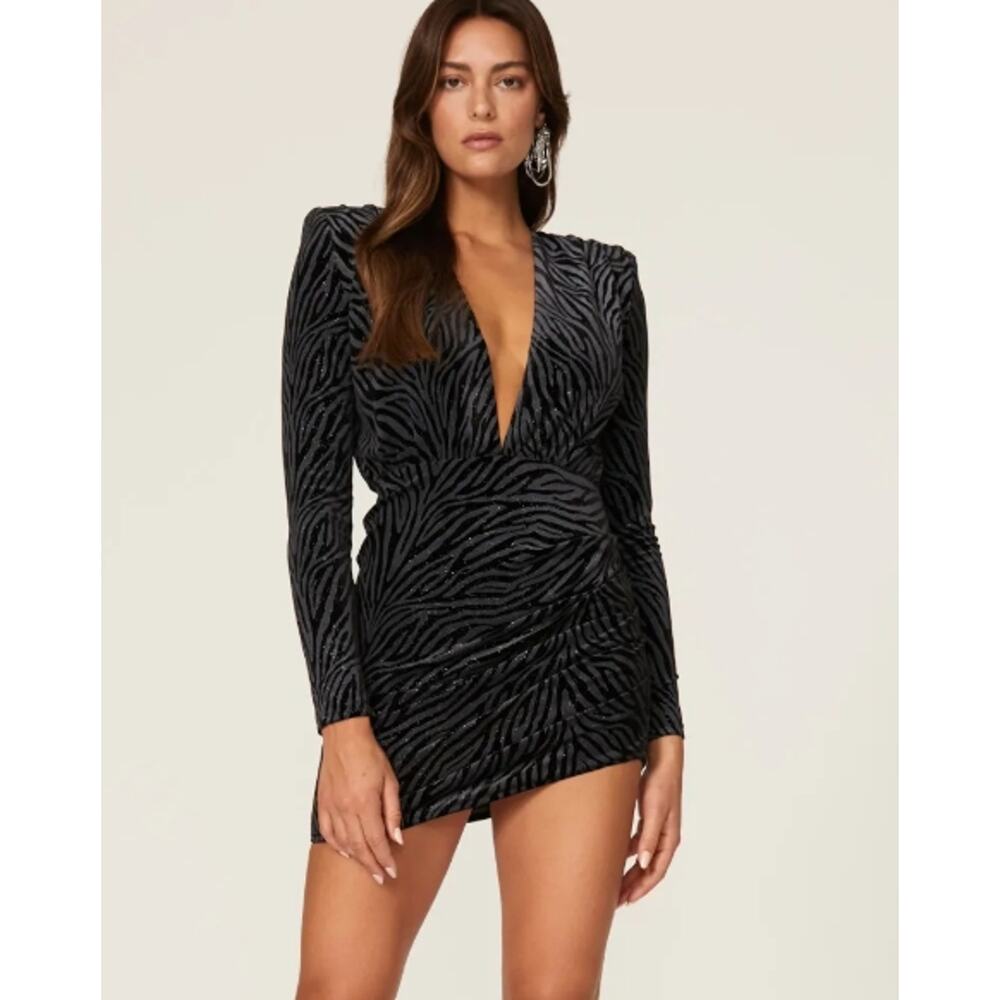 Revolve Bronx and Banco black long sleeve Zebra Print Velvet mini Dress L